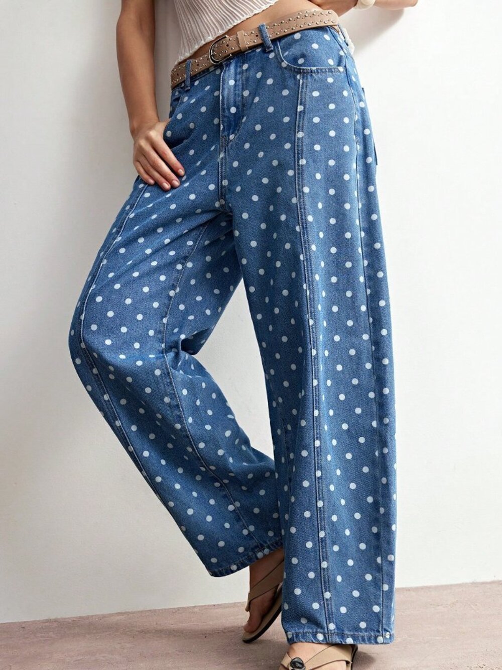 Blue Casual Women's Polka Dot Woven Denim Loose Long Pants - Picture 4 of 6